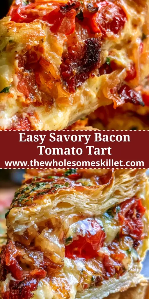 A rustic, top-down view of a savory bacon tomato onion tart with blistered heirloom tomatoes and fresh herbs on a flaky crust.