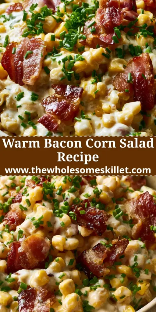 Bacon Corn Salad: The Ultimate Warm and Creamy Summer Side Dish 3 A close-up of warm bacon corn salad in a rustic ceramic bowl featuring golden corn, crispy bacon, and fresh chives on a wooden table. (bacon corn salad)