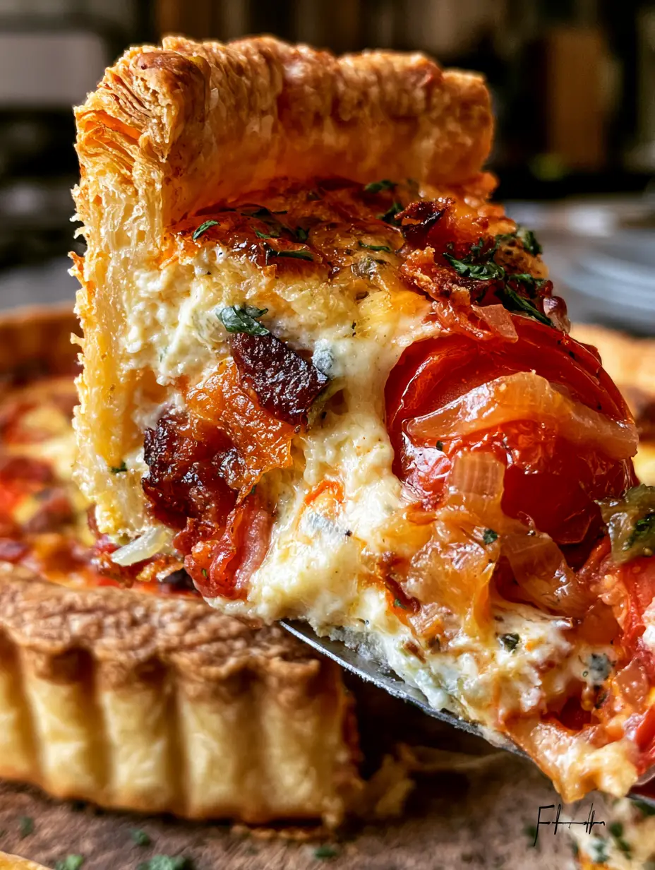 A perfect slice of bacon tomato onion tart being lifted on a server, showing golden flaky crust layers and gooey cheese filling.