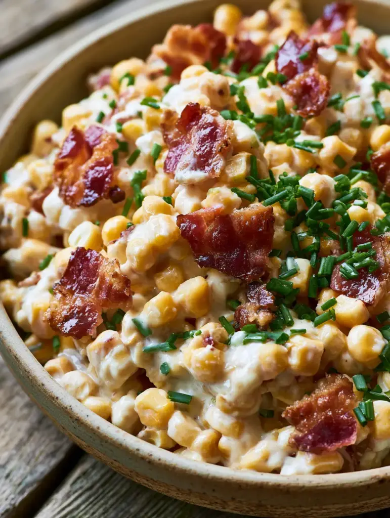 Bacon Corn Salad: The Ultimate Warm and Creamy Summer Side Dish 2 Slightly elevated view of glossy white dressing coating plump golden corn kernels and browned bacon pieces. (bacon corn salad)
