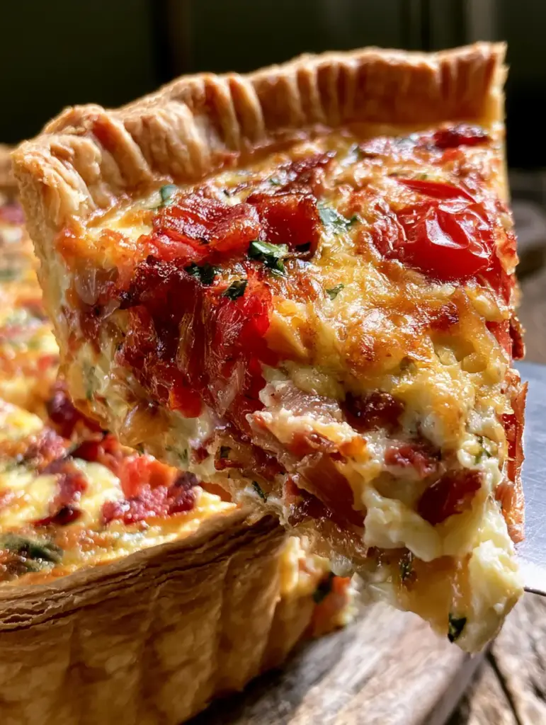 Close up of a savory bacon tomato onion tart slice showcasing translucent caramelized onions and smoky bacon pieces.