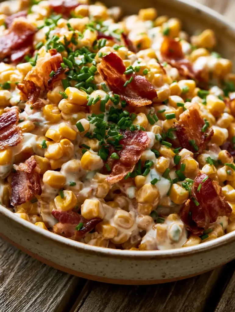 Bacon Corn Salad: The Ultimate Warm and Creamy Summer Side Dish 1 Warm corn salad with vibrant green chives scattered over a glossy white dressing in a rustic bowl.