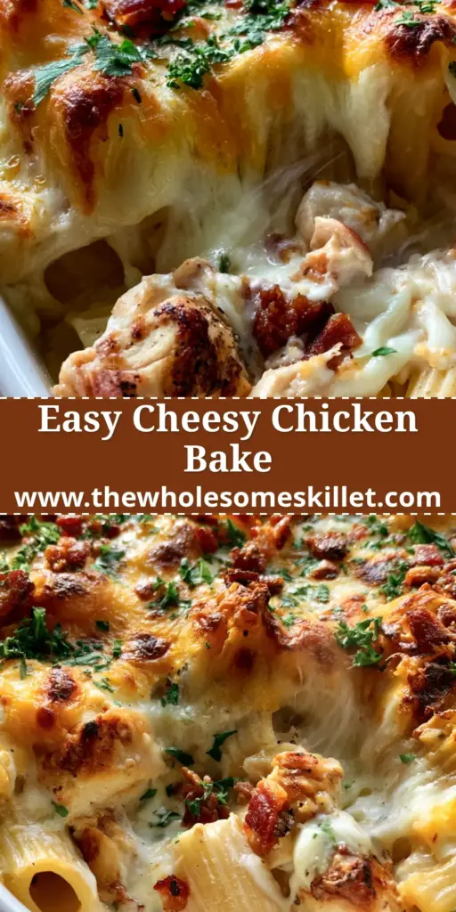 A top-down view of a bubbling cheesy chicken pasta bake in a white ceramic dish with golden-brown cheese, bacon bits, and parsley.