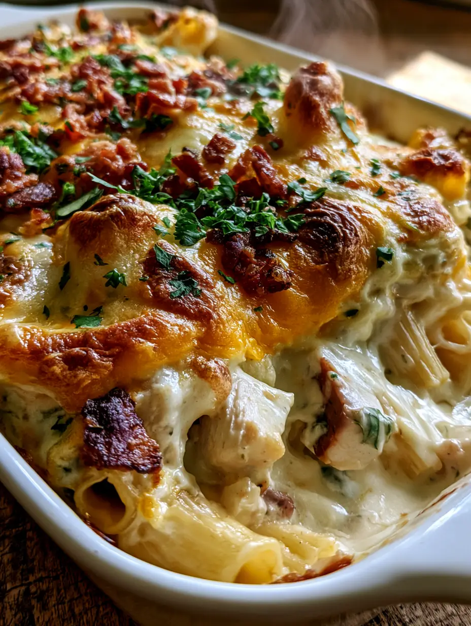 Extreme close-up of melted cheddar and mozzarella cheese on a cheesy chicken pasta bake with crispy bacon bits.