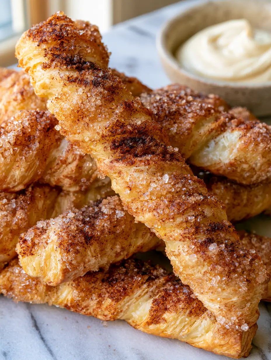 Close-up photo of cinnamon sugar twists showing detailed flaky pastry layers and dark cinnamon powder.