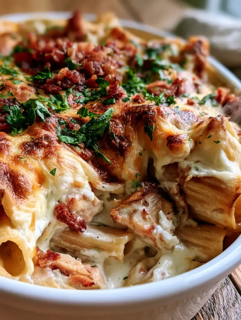 A bubbling chicken and rigatoni casserole with steam rising, showcasing the creamy white sauce beneath the cheese.