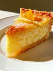 A hyperrealistic slice of lemon dream pie on a white plate showing layers of flaky crust and creamy filling.