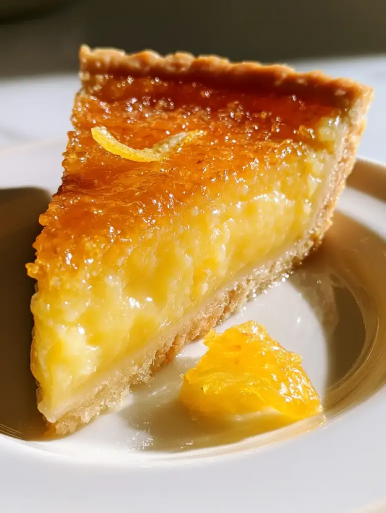 Close up of a lemon dream pie slice with candied lemon peel garnish and caramelized top.