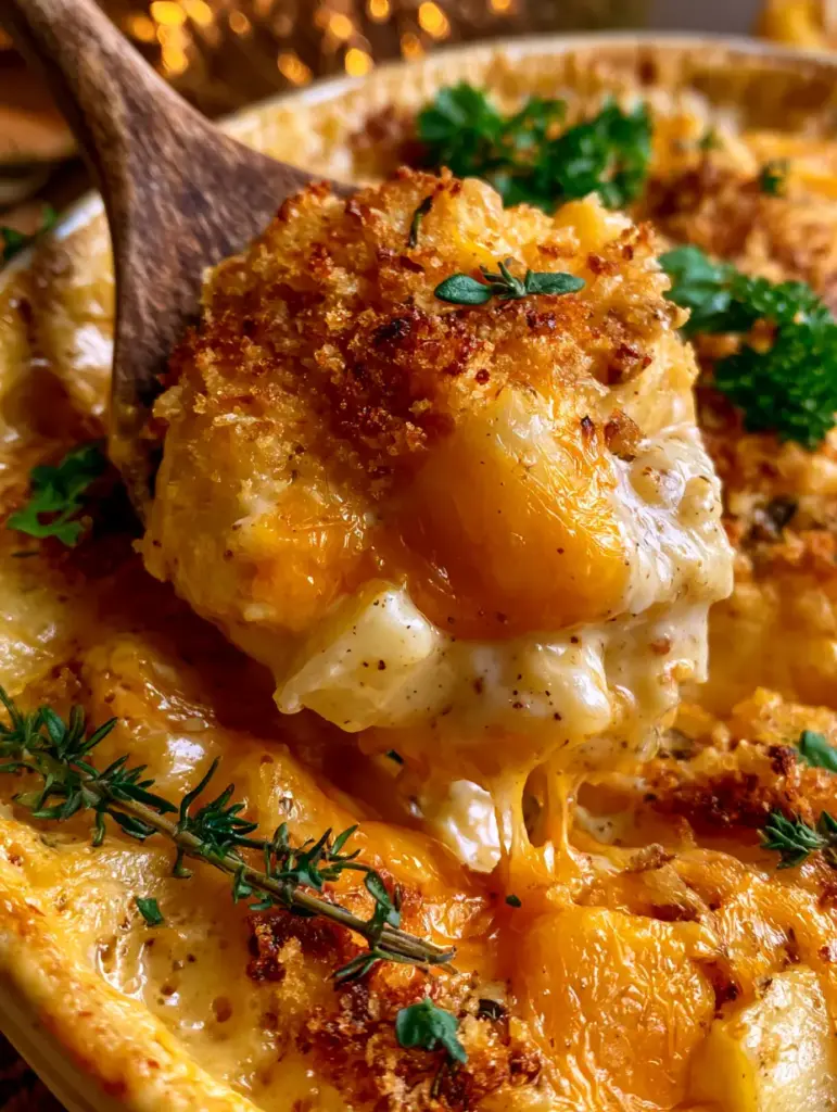 5-Ingredient Comfort Bake with a Golden Breadcrumb Crust 1 Top-down shot of a golden-brown 5-ingredient comfort bake garnished with fresh thyme and parsley.