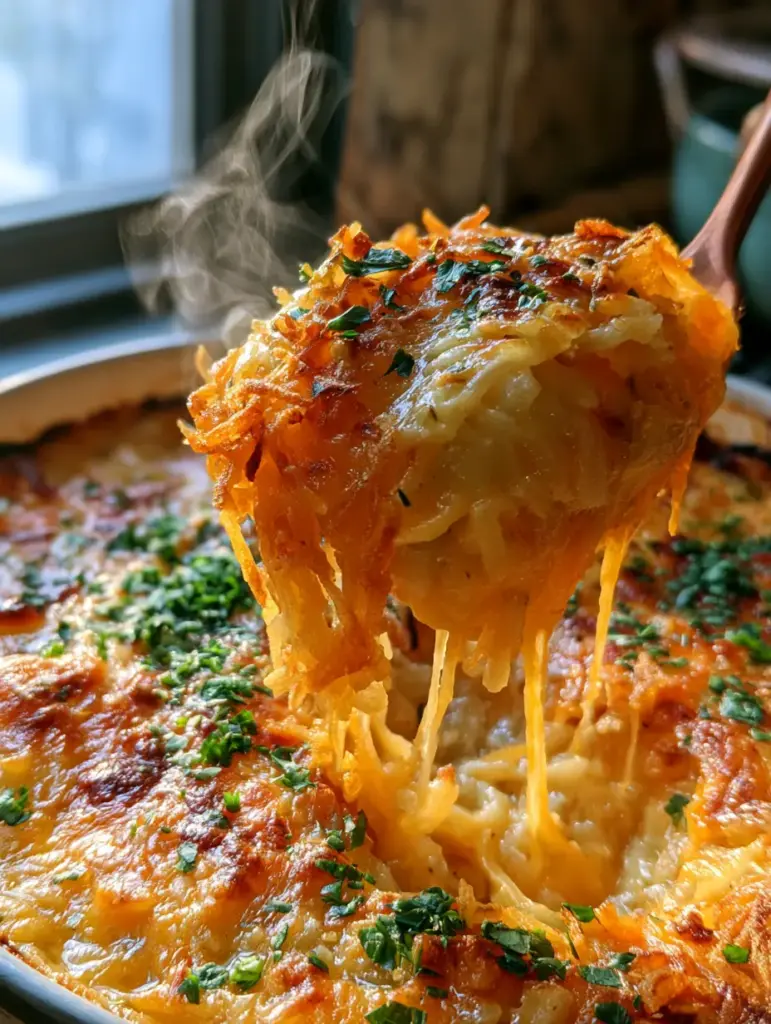 Cheesy Hash Brown Casserole: The Ultimate Golden, Bubbly Comfort Food Guide 2 A handheld smartphone photo showing a bubbling cheesy hash brown casserole with visible steam and a perfectly browned crust scattered with parsley.