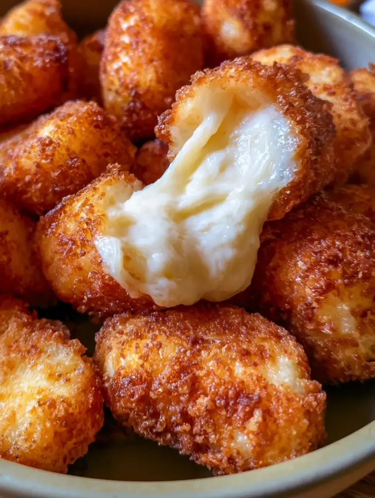Fried Cheese Curds: The Ultimate Crispy Wisconsin Style Recipe 2 Handheld photo showing a close-up of fried cheese curds with steam rising and a crunchy panko exterior.