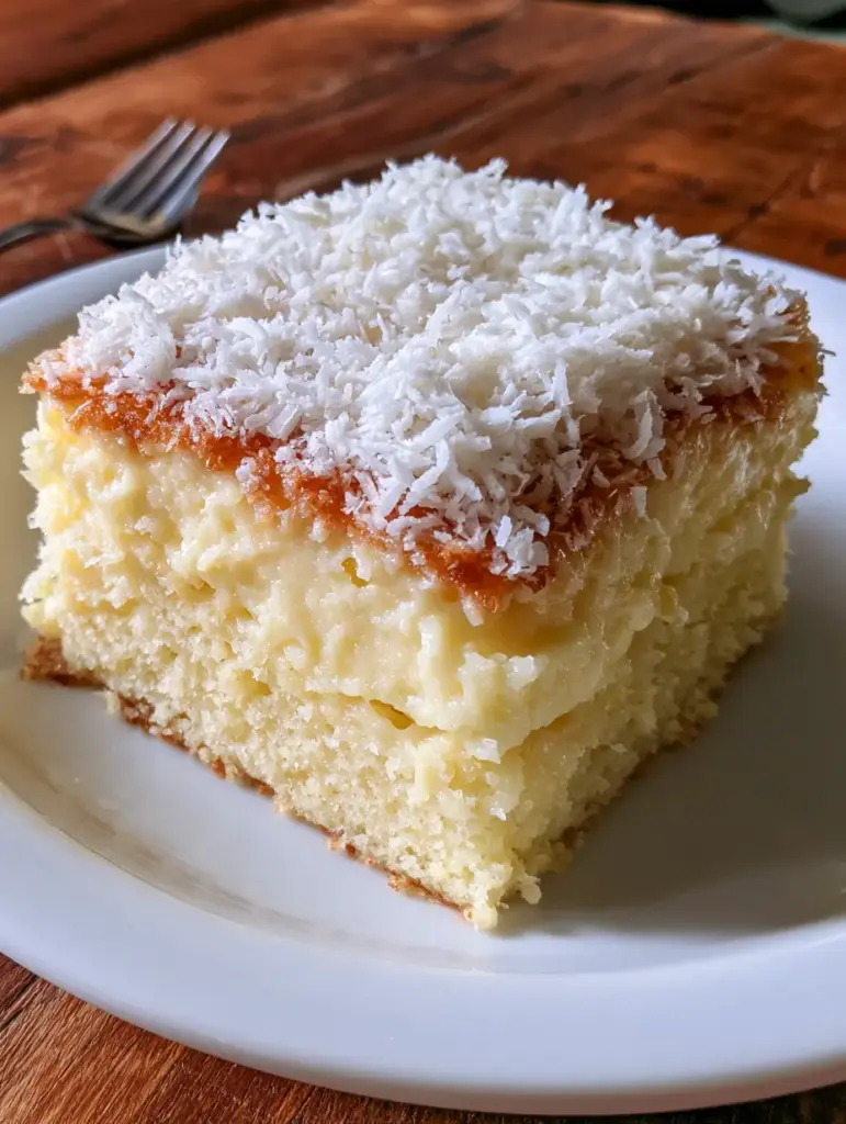 Handheld photo of a slice of Brazilian coconut cake on a rustic wooden table with a silver fork.