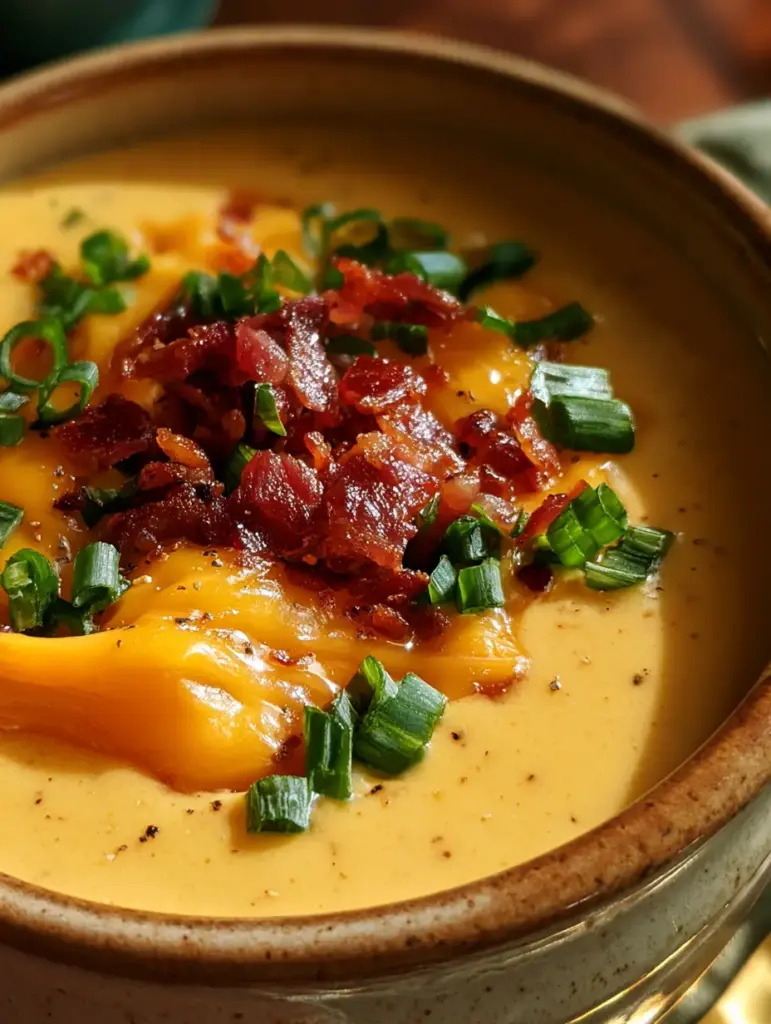 Beer Cheese Soup with Sharp Cheddar and Crispy Bacon 2 Close-up handheld photo of beer cheese soup in a ceramic bowl with gooey melted cheddar and glistening bacon crumbles.