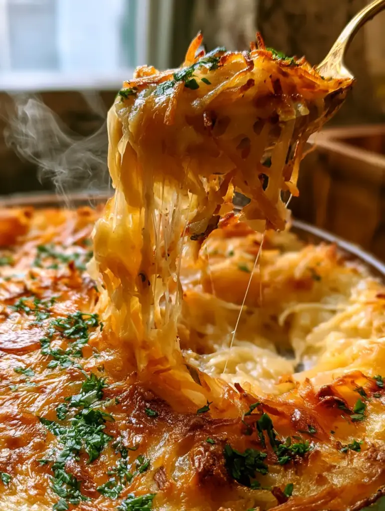 Cheesy Hash Brown Casserole: The Ultimate Golden, Bubbly Comfort Food Guide 1 Macro view of individual shredded potato strands in a creamy cheese sauce under a crispy golden topping.