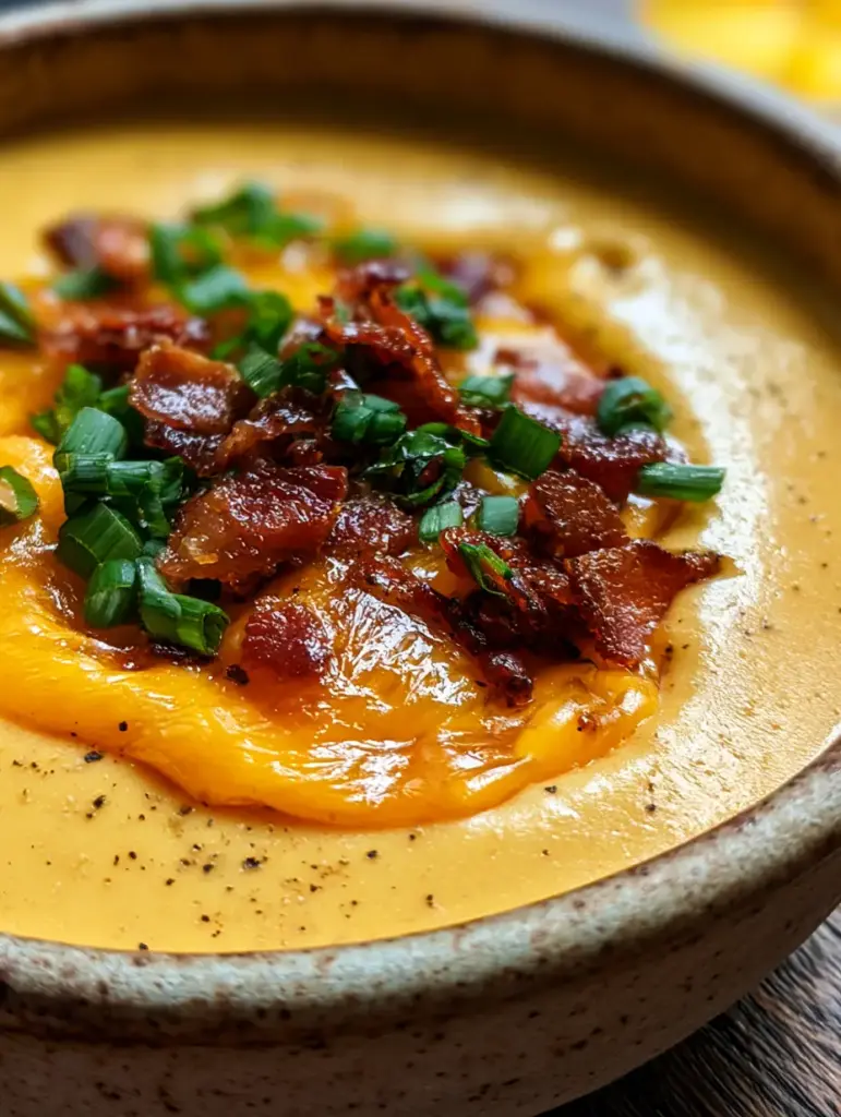 Beer Cheese Soup with Sharp Cheddar and Crispy Bacon 1 Overhead view of beer cheese soup showing fresh chopped green onions and cracked black pepper specks.