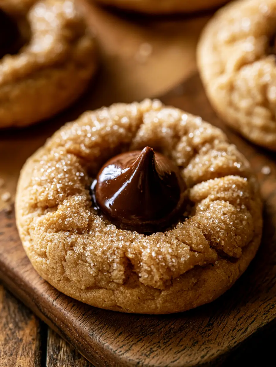 Overhead close-up of a perfectly baked golden-brown peanut butter kiss cookie with a soft crinkled texture.