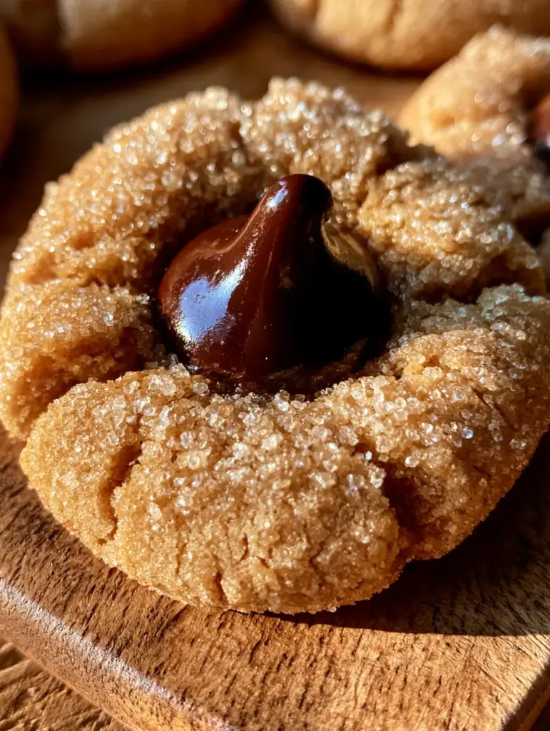 Close-up of a glossy, partially melted dark chocolate kiss nestled in a peanut butter cookie.