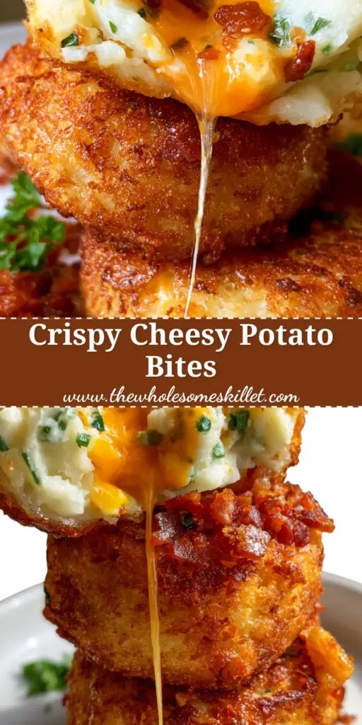 A stack of three golden-brown cheesy mashed potato bites on a white plate with a dramatic cheese pull and bacon garnish. (cheesy mashed potato bites)