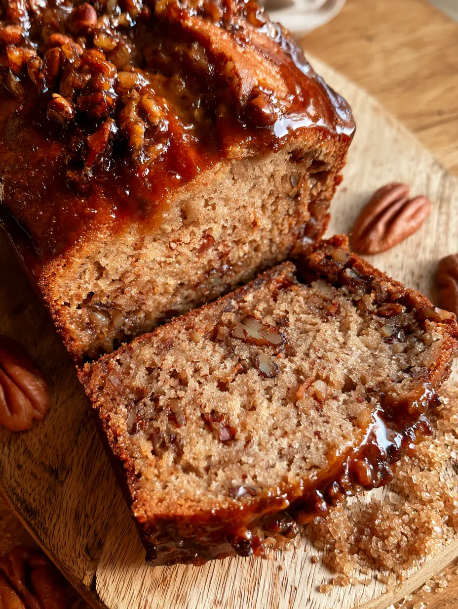 Southern Pecan Bread: The Ultimate Glistening Caramelized Loaf Recipe 3 Close-up of a thick slice of southern pecan bread showing the moist light-brown crumb and toasted pecans.