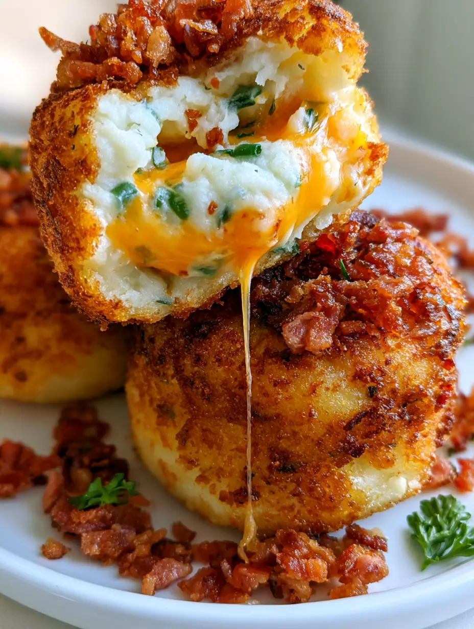Extreme close-up of crispy cheesy mashed potato bites showing the golden Panko texture and bacon bits. (cheesy mashed potato bites)