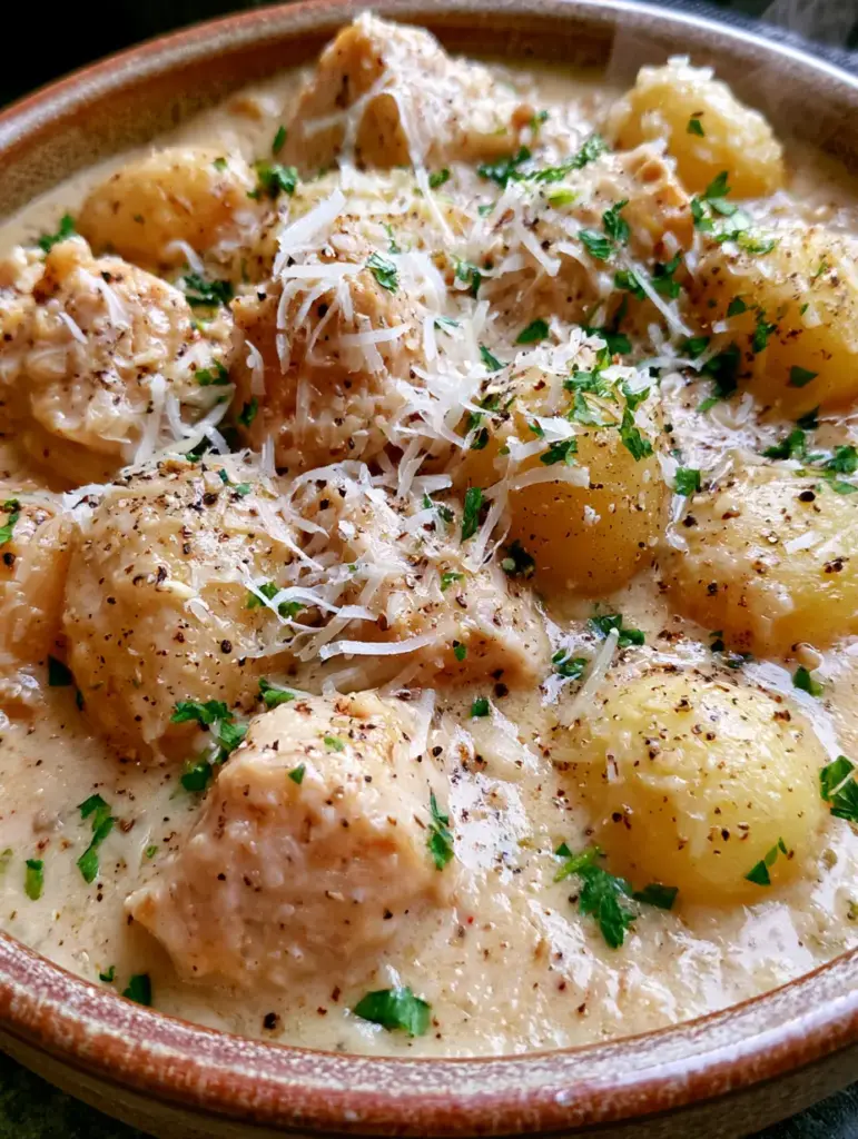 Garlic Parmesan Chicken Potatoes: The Ultimate Creamy Slow Cooker Comfort Food 2 Extreme close up of succulent chicken chunks and tender potatoes in a thick, velvety white cream sauce. (garlic parmesan chicken potatoes)
