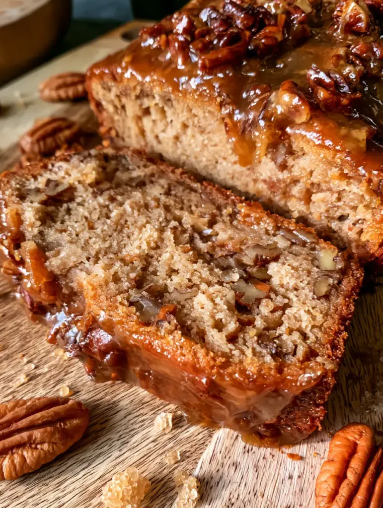 Southern Pecan Bread: The Ultimate Glistening Caramelized Loaf Recipe 1 A glistening dark amber caramelized sugar glaze dripping down the sides of a fresh southern pecan bread loaf.