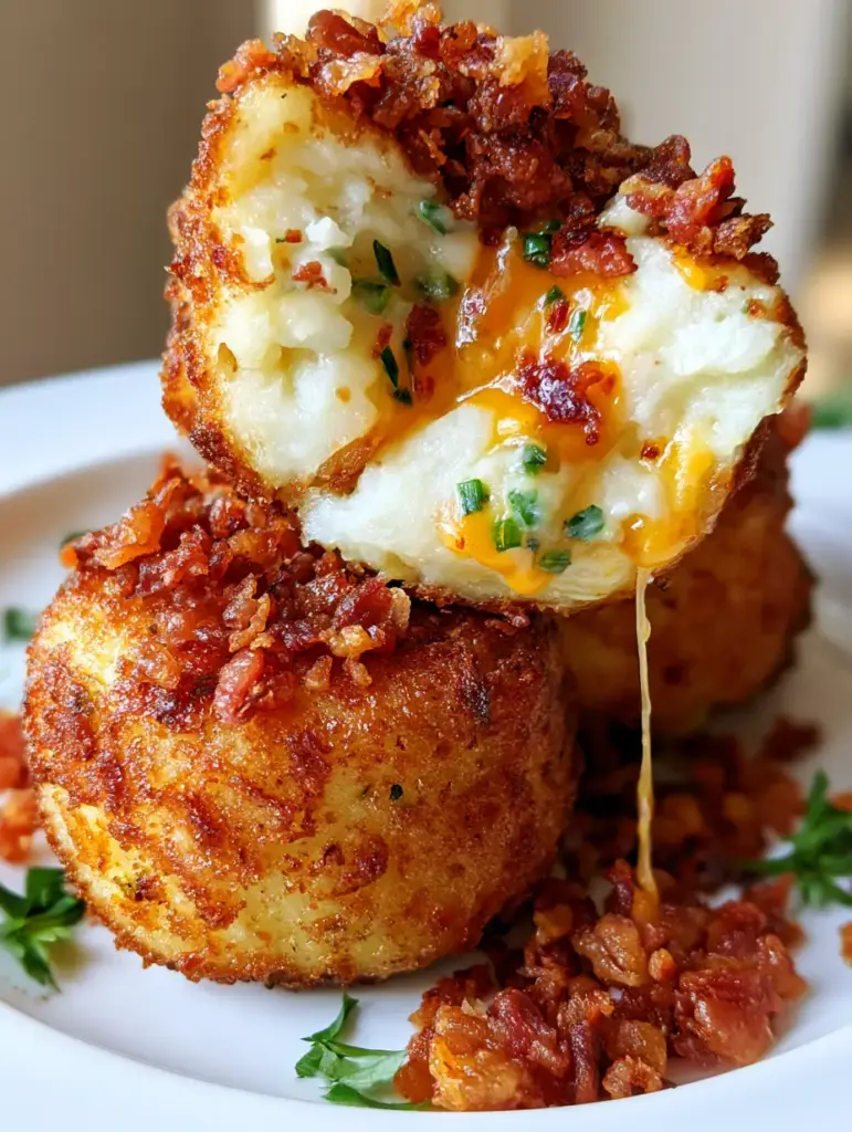 A cut-open cheesy mashed potato bite revealing the creamy interior and melting cheddar cheese pockets.