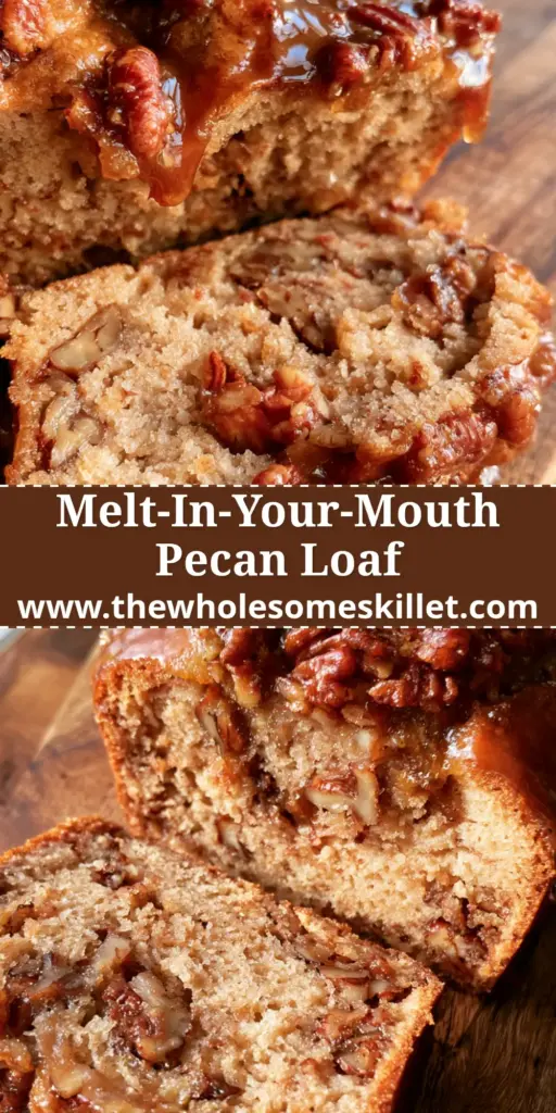 Southern Pecan Loaf with a Glistening Brown Sugar Glaze 4 An overhead close-up of a southern pecan loaf on a rustic board with a slice pulled away to show the moist crumb.