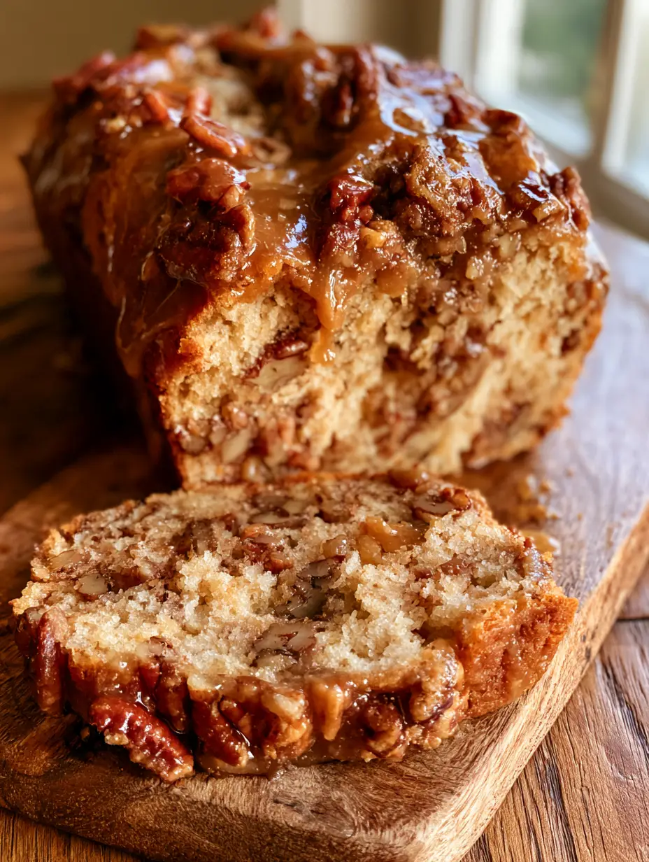 Southern Pecan Loaf with a Glistening Brown Sugar Glaze 3 Close-up of a golden-brown southern pecan loaf with glistening caramel glaze dripping down the sides.