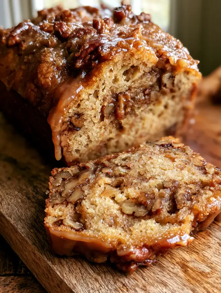 Southern Pecan Loaf with a Glistening Brown Sugar Glaze 1 Overhead shot of a sliced southern pecan loaf showing generous clusters of toasted pecans in the crumb.