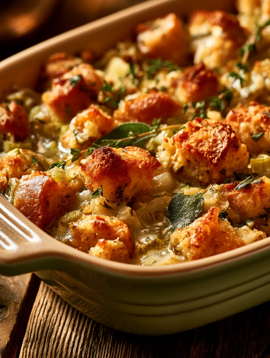 Close-up shot of homemade herb stuffing bake showing tender celery, yellow onions, and glistening butter over toasted bread cubes.