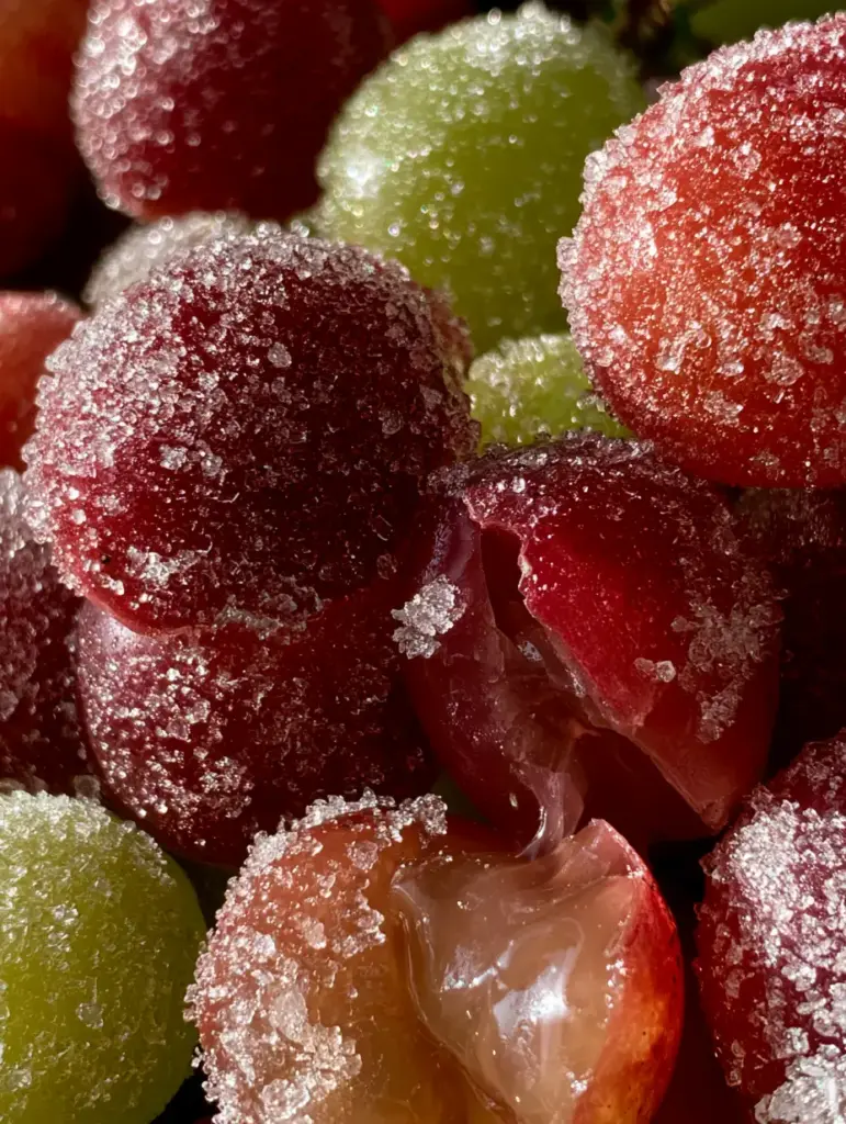 Spiked Grapes: The Sparkling Boozy Appetizer Your Next Party Needs 2 Extreme close-up of spiked grapes showing the detailed texture of coarse sugar crystals on red and green skins.