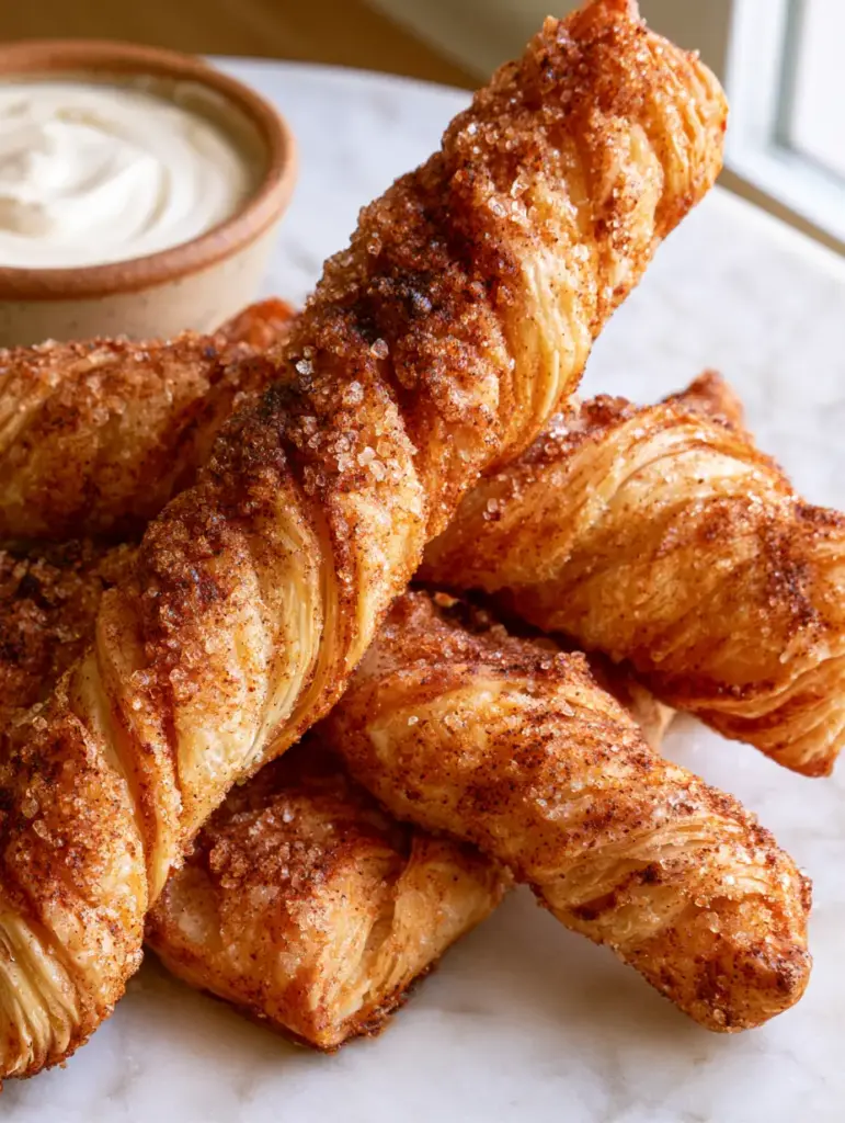 Smartphone photo of cinnamon sugar twists on a marble counter with a bowl of creamy white frosting dip.