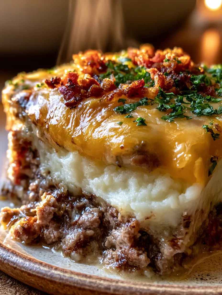A hyperrealistic close-up shot of an individual serving of mashed potato meatloaf casserole on a rustic ceramic plate.