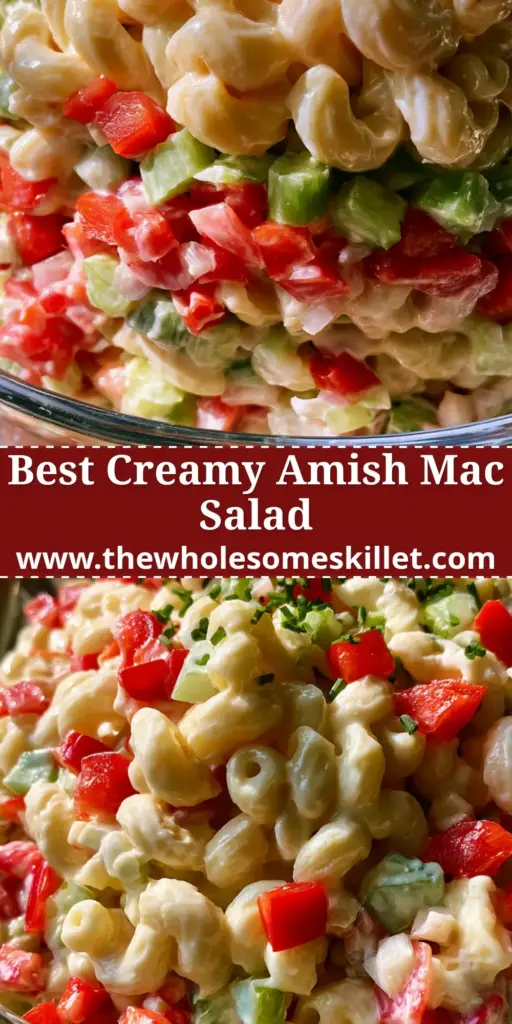 Macaroni Salad: The Best Creamy, Sweet, and Tangy Classic Recipe 3 A vibrant and creamy macaroni salad served in a clear vintage glass bowl, featuring red bell peppers and chives on a rustic wooden table. (macaroni salad)