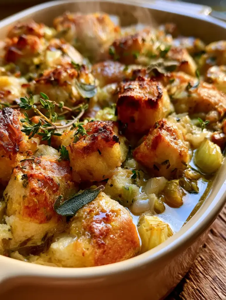 Rustic overhead view of a stuffing bake in a ceramic dish with steam rising and soft golden hour lighting.