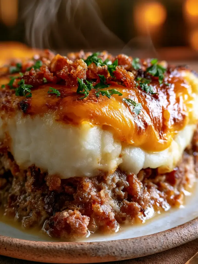 Individual serving of layered meatloaf casserole with bubbly cheddar cheese, crispy bacon, and fresh parsley.
