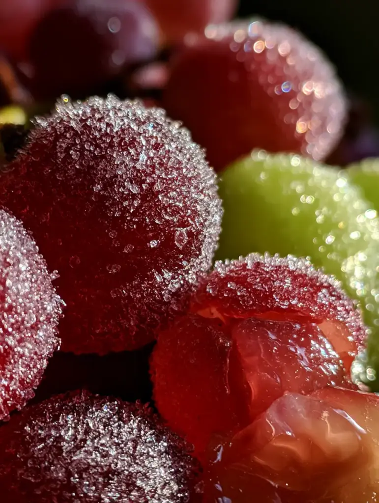 Spiked Grapes: The Sparkling Boozy Appetizer Your Next Party Needs 1 A close-up view of glistening sugared spiked grapes with some split skins exposing the juicy interior.