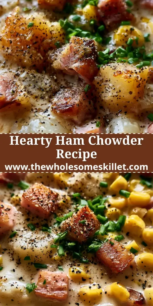 Ham Potato Corn Chowder: The Ultimate Creamy and Hearty Comfort Food 4 A rustic ceramic bowl of steaming ham potato corn chowder garnished with black pepper and chives on a wooden surface.