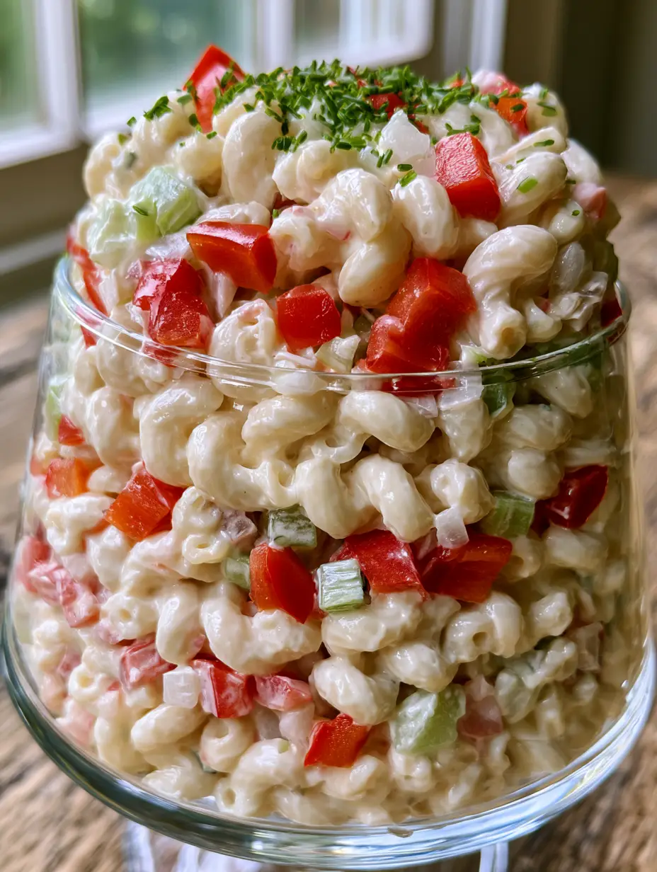 Macaroni Salad: The Best Creamy, Sweet, and Tangy Classic Recipe 4 Close-up overhead shot of glistening al dente elbow macaroni in a velvety dressing with diced red peppers and celery. (macaroni salad)