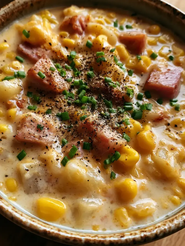 Ham Potato Corn Chowder: The Ultimate Creamy and Hearty Comfort Food 2 Overhead close-up of ham potato corn chowder showing velvety broth, corn kernels, and diced ham.