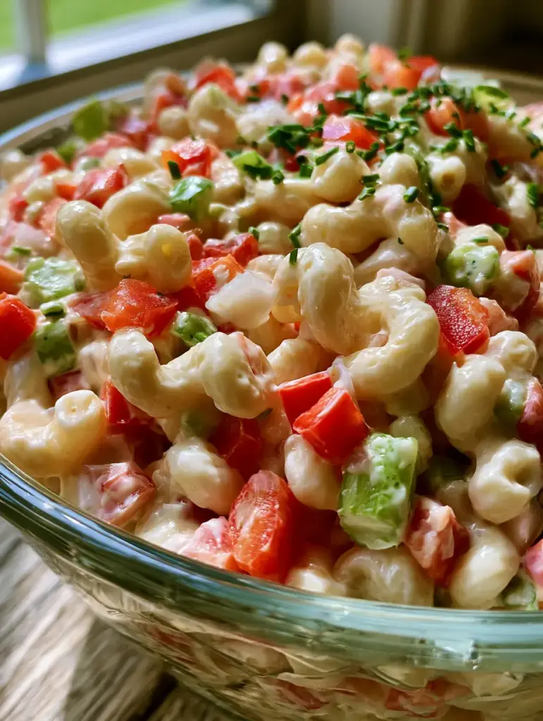 Macaroni Salad: The Best Creamy, Sweet, and Tangy Classic Recipe 1 A stunning visual contrast of white creamy dressing, red peppers, green celery, and fresh chives in a clear bowl. (macaroni salad)