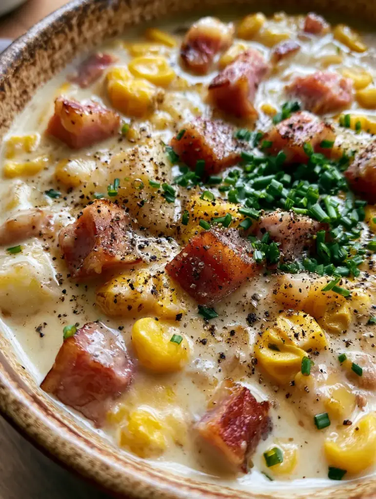Ham Potato Corn Chowder: The Ultimate Creamy and Hearty Comfort Food 1 Authentic rustic bowl of ham potato corn chowder with vibrant green chive garnish.