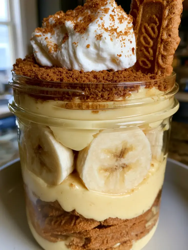 Biscoff Banana Pudding: The Ultimate Layered Speculoos Dessert 2 Extreme close-up of biscoff banana pudding showing the creamy custard texture and cookie crumbles.