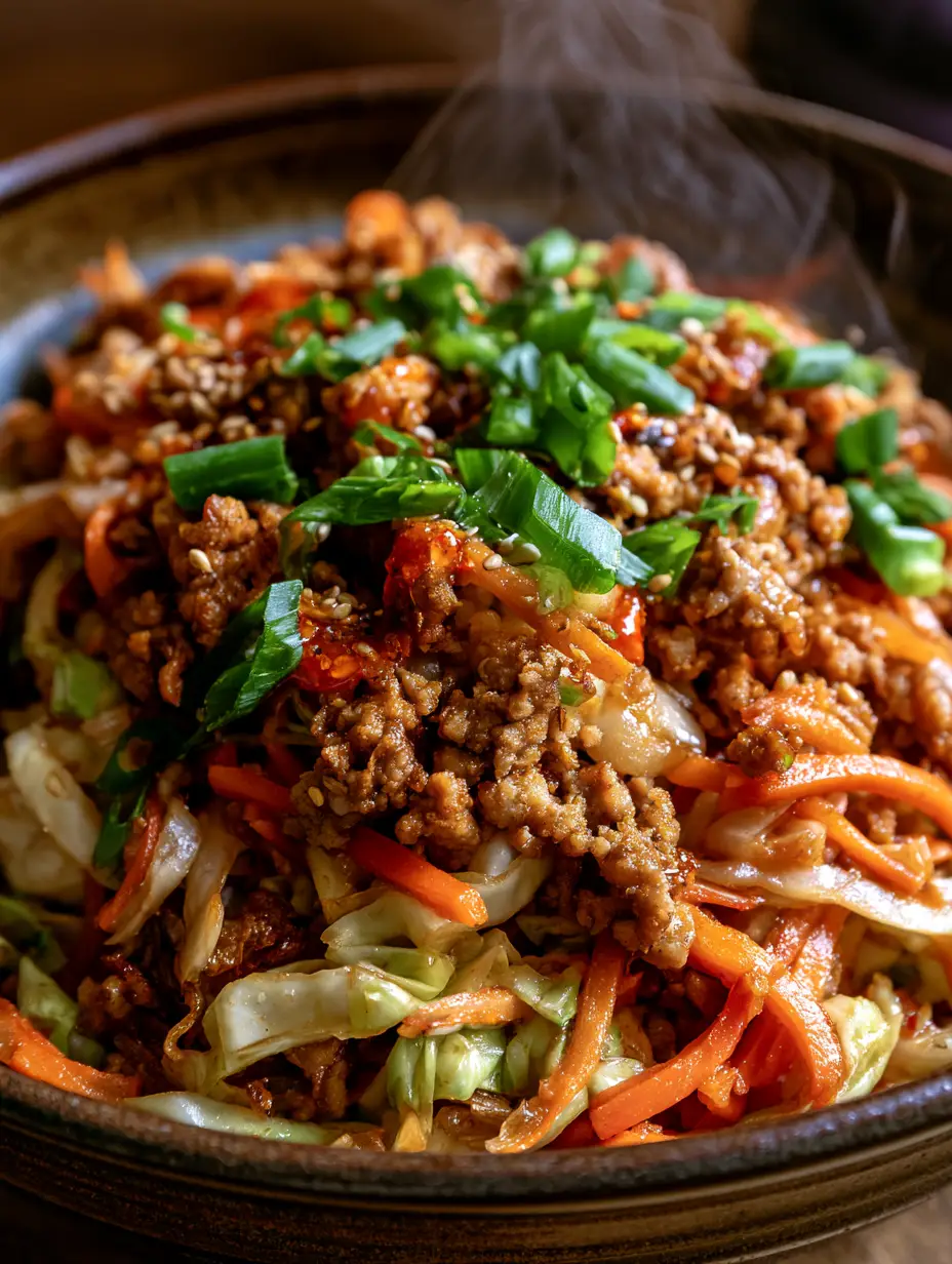 Egg Roll Skillet: The Ultimate 20-Minute Deconstructed Bowl 3 Close-up of crispy ground pork and caramelized cabbage in an egg roll skillet with steam rising.