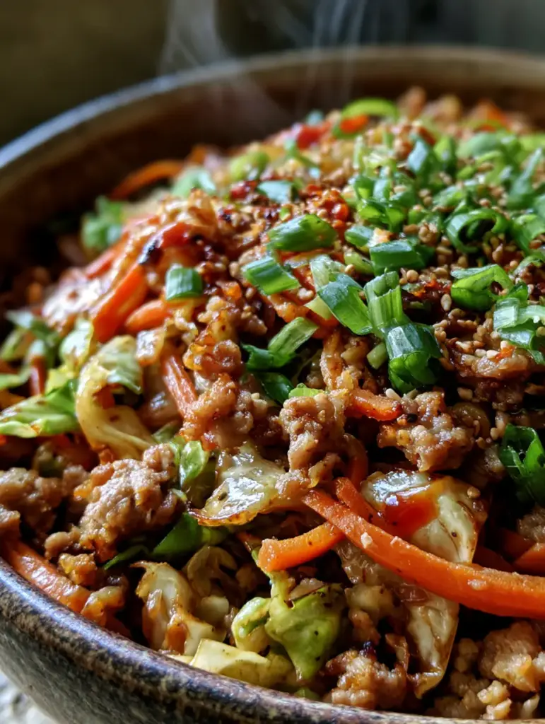 Egg Roll Skillet: The Ultimate 20-Minute Deconstructed Bowl 1 Julienned carrots and bright green scallions topping an egg roll skillet in a dark stoneware bowl.