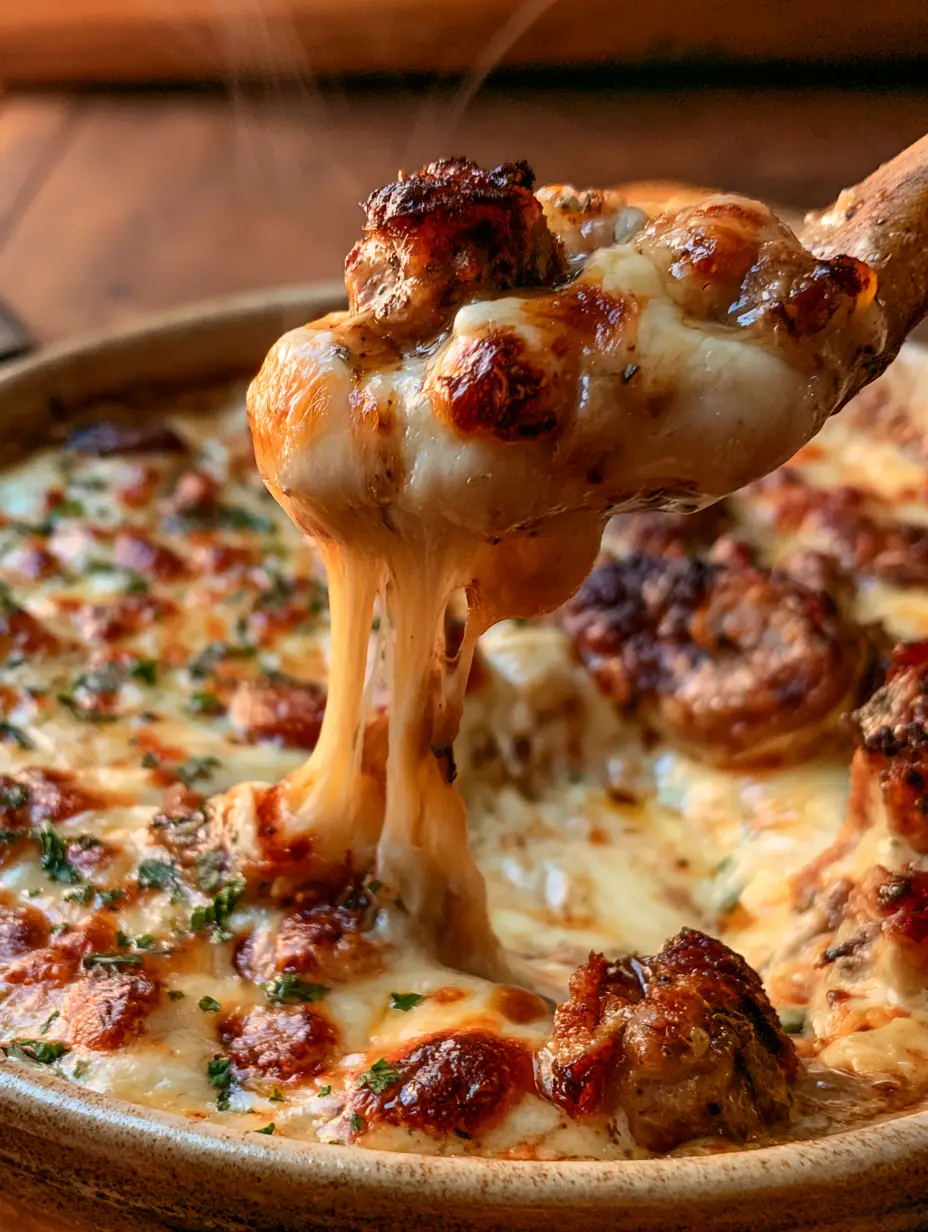 Close-up of sausage cream cheese dip showing a stretchy cheese pull and steam.
