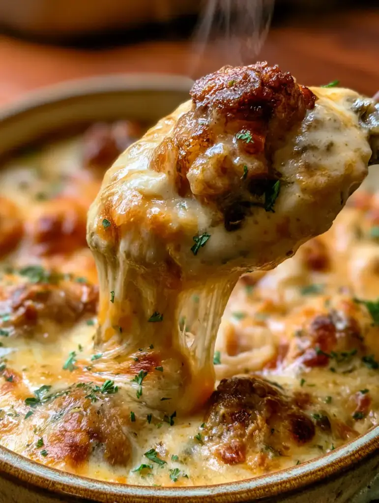 Rustic ceramic bowl filled with golden-brown sausage cream cheese dip on a wooden counter.