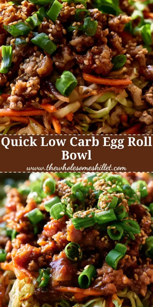 A steaming egg roll skillet served in a rustic ceramic bowl with visible layers of browned pork, green cabbage, and bright scallions.