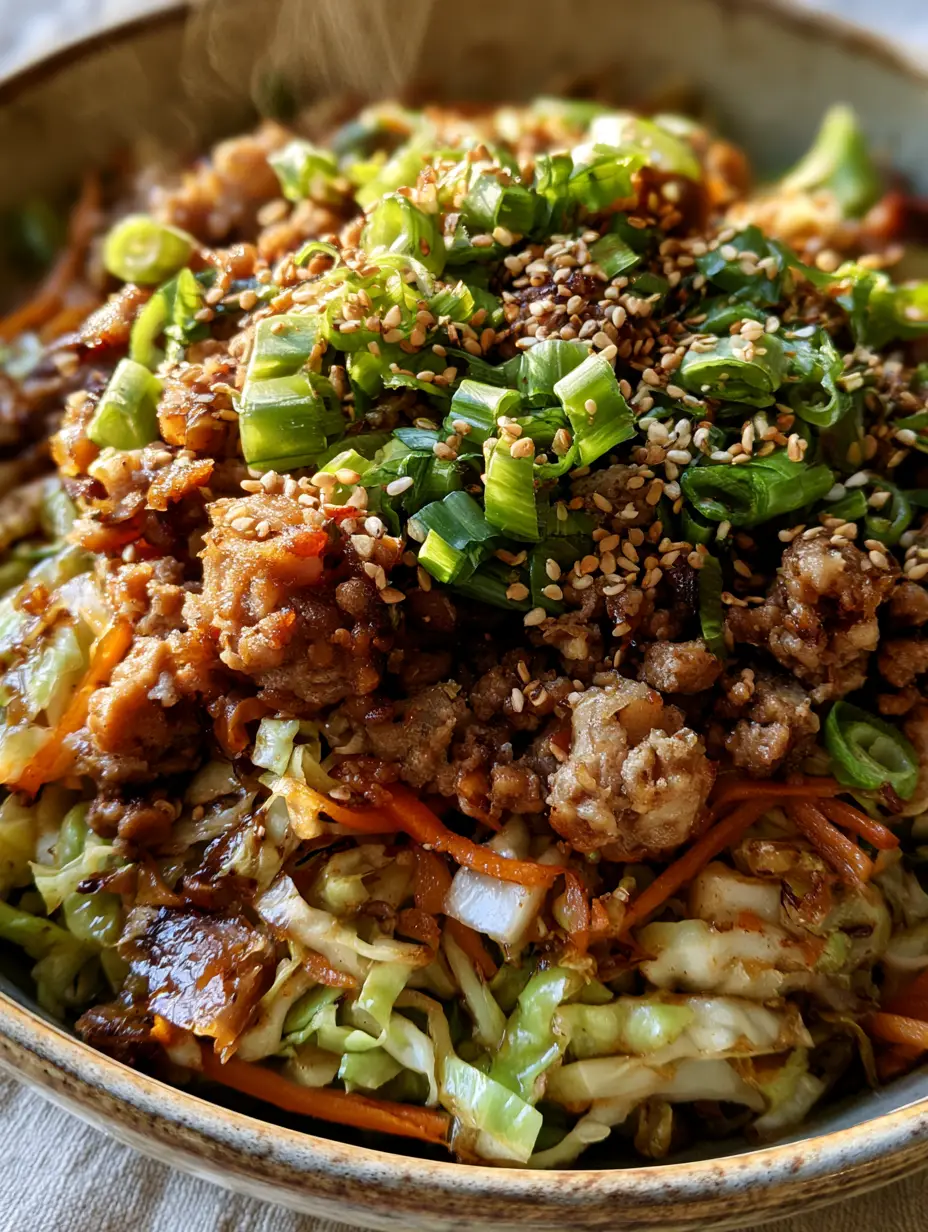 Overhead close-up of an egg roll skillet showing caramelized shredded cabbage, julienned carrots, and richly browned pork with sesame seeds.